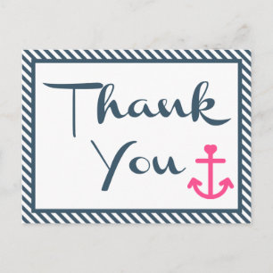 Carte Postale Merci nautique Ancre rose Bleu de marine