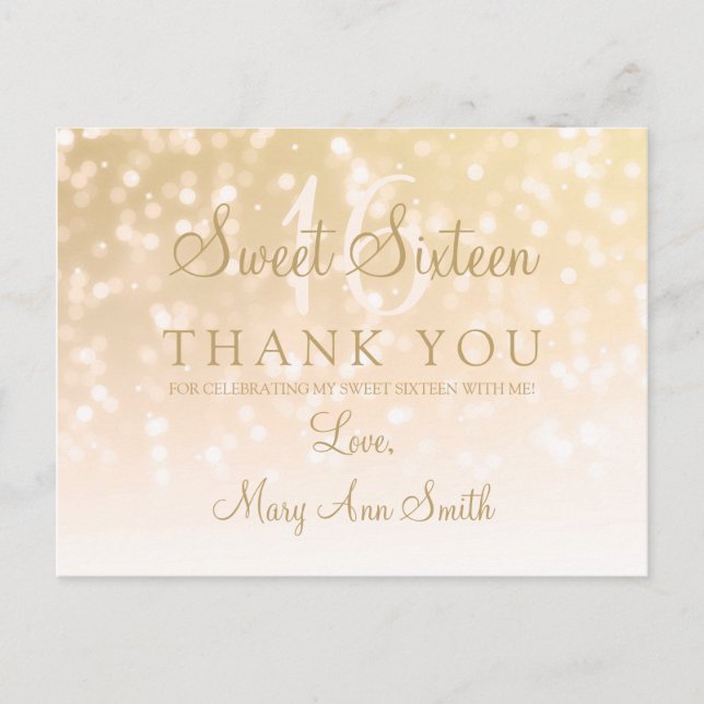 Carte Postale Merci Note Sweet 16 Gold Bokeh Sparkle Lights (Devant)