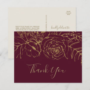 Carte postale Merci or et bordeaux floraux dorés