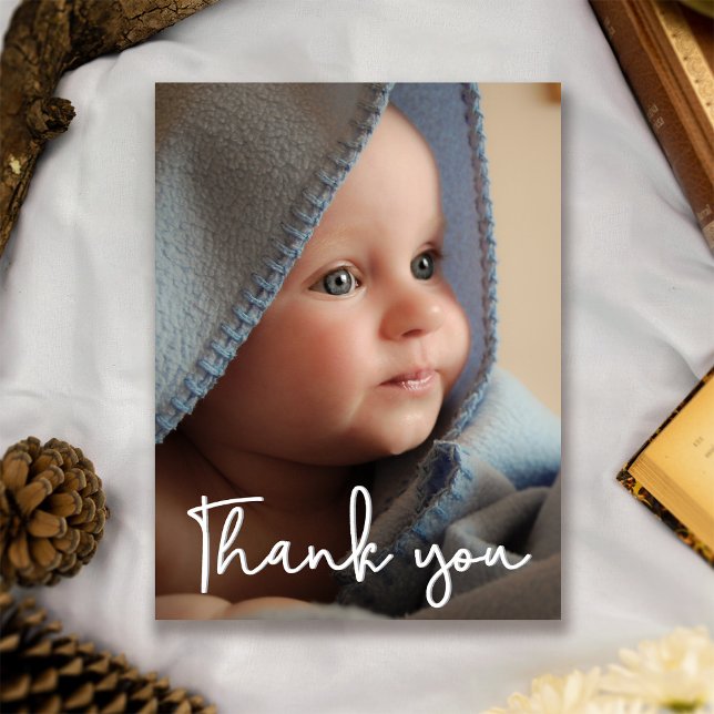 Carte Postale Merci photo bébé vertical (Modern Script Baby shower thank you birth announcement postcard.)