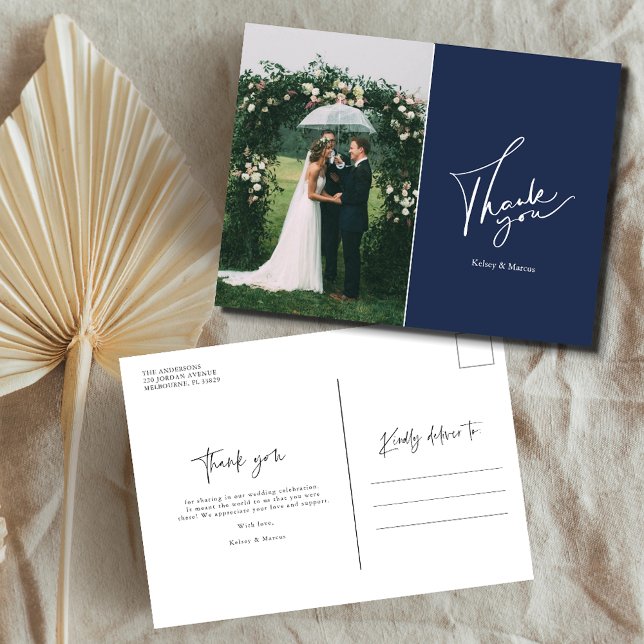 Carte Postale Merci photo du jour de mariage moderne | bleu mari (Créateur téléchargé)