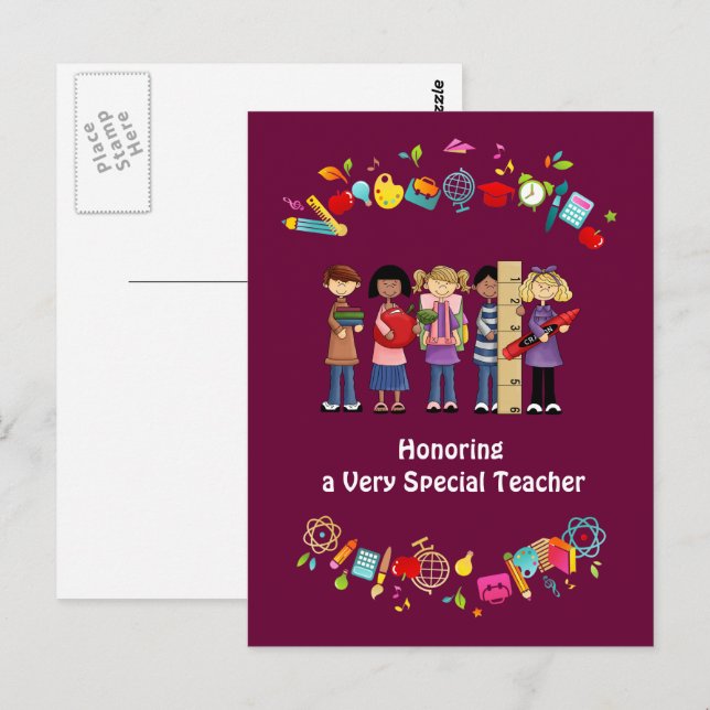 Carte Postale Merci, professeur. Enfants de l'école (Devant / Derrière)
