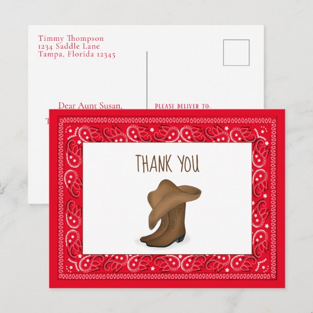 Carte Postale Merci Red Bandana Cowboy Cute Casquette et Bottes (Devant / Derrière)