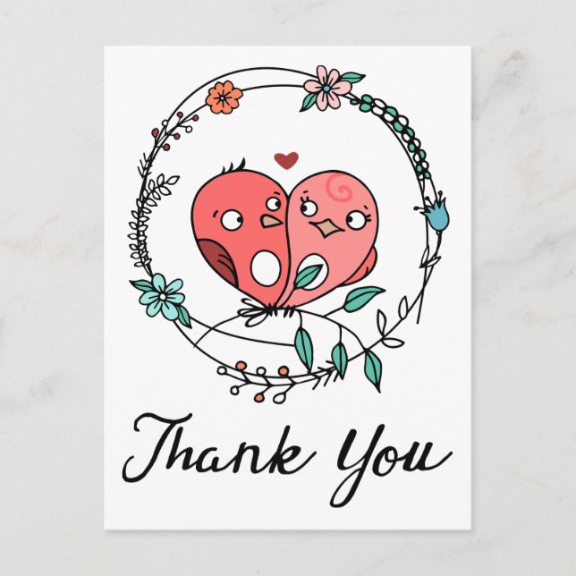 Carte Postale Merci rose Lovebirds Floral Wreath Weddi (Devant)