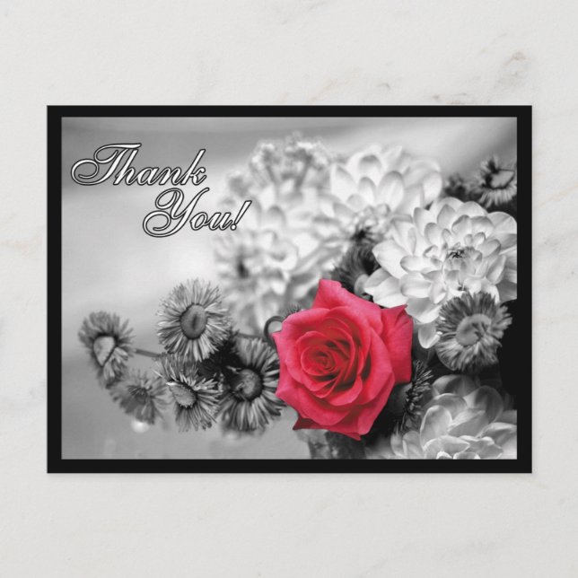 Carte Postale Merci! Rose rouge avec Arrière - plan noir / blanc (Devant)