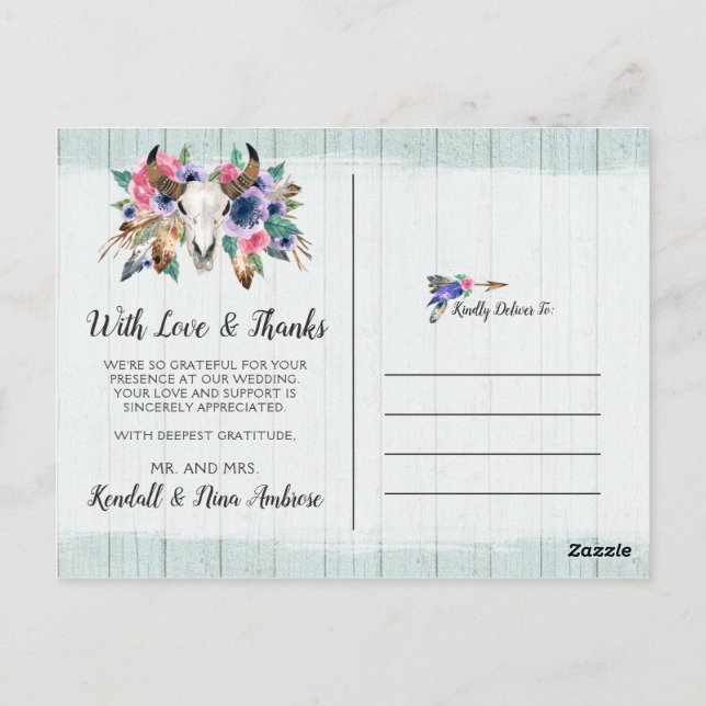 Carte Postale Merci Rustique Floral Vache Crâne Boho Chic Photo (Dos)