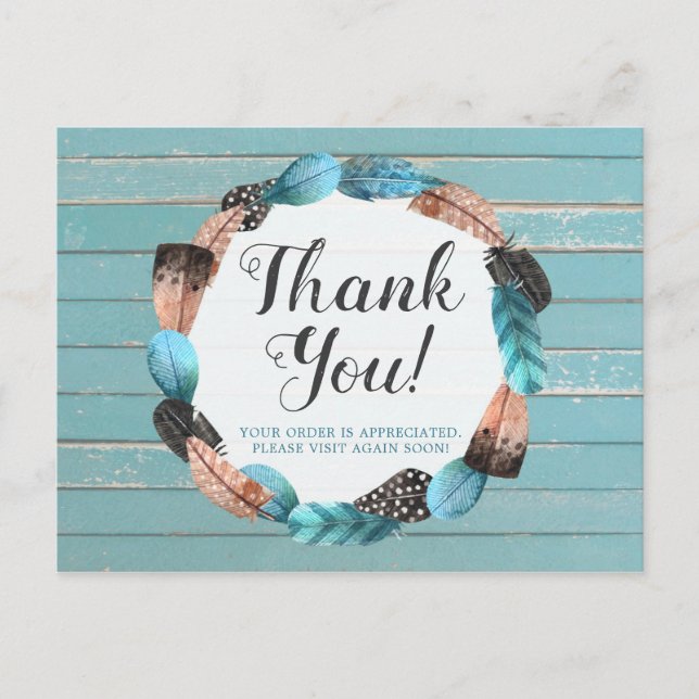 Carte Postale Merci Rustique Turquoise Bois Plumes Arrow Boho (Devant)
