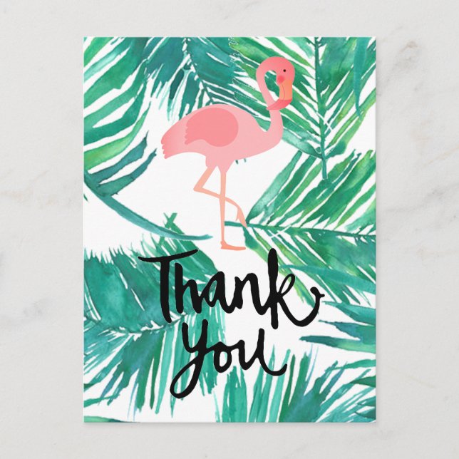 Carte Postale merci script flamingo palmiers tropicaux (Devant)