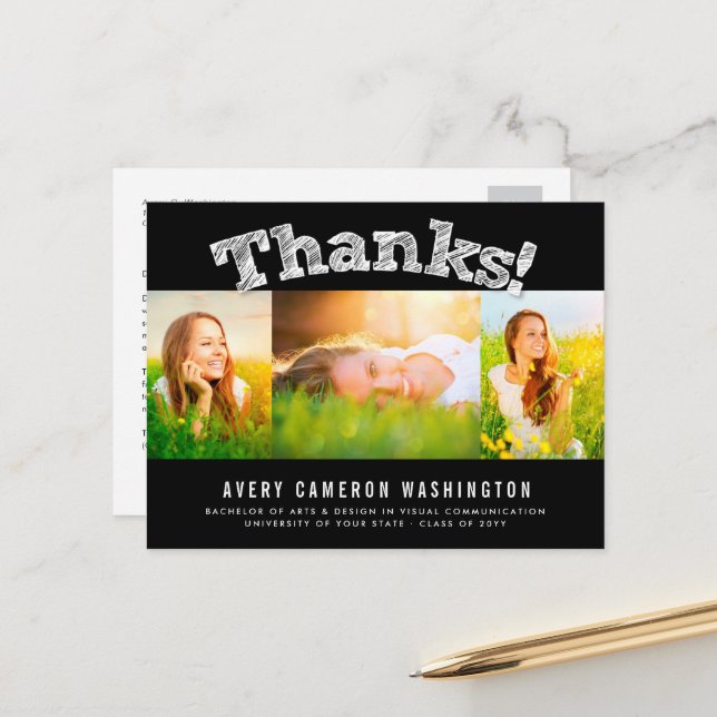 Carte Postale Merci Sketted Multi 3 Photo Graduation Merci (Devant/Arrière en situation)