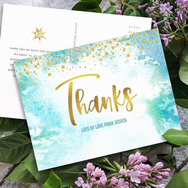 Carte Postale Merci Sweet 16 Aquarelle Bleue Or Anniversaire (Créateur téléchargé)