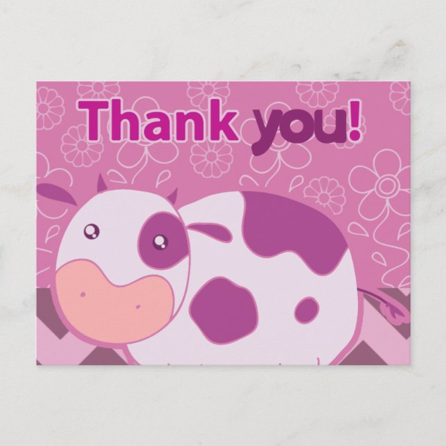 Carte Postale "Merci" Vache rose mignonne (Devant)