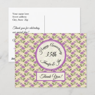 Carte Postale Merci - Violettes anniversaires sur Jaune pâle