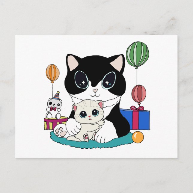 Carte Postale Mère chat et chaton fêtent. Chat (Devant)