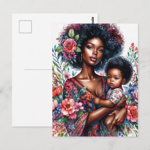 Carte Postale Mère et bébé noirs afro Fleur aquarelle