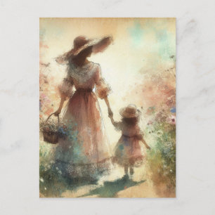 Carte Postale Mère et enfant dans un champ de fleurs Fête des Mè