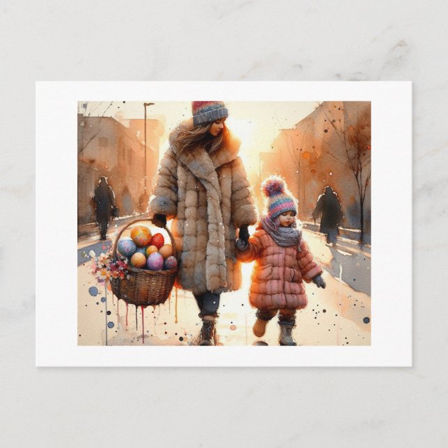 Carte Postale Mère et enfant profitent d'une promenade de Pâques (Devant)
