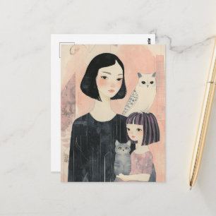 Carte Postale Mère et fille avec chat et hibou chat