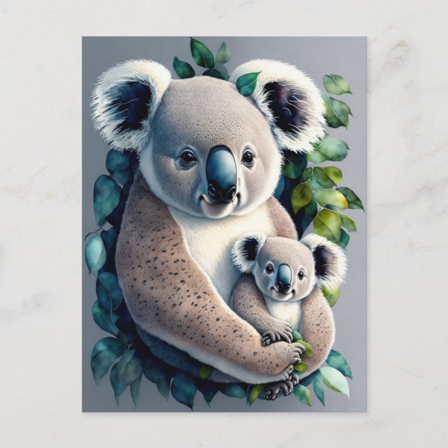 Carte Postale Mère Koala Ours et bébé, aquarelle (Devant)