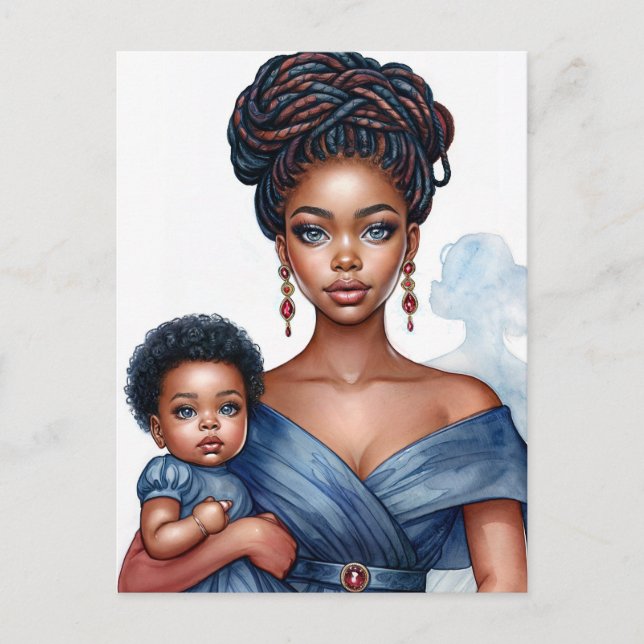 Carte Postale Mère noire et enfant en bleu (Devant)