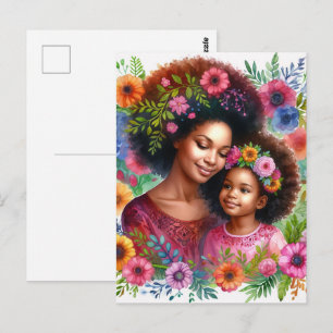 Carte Postale Mère noire et fille aquarelle florale