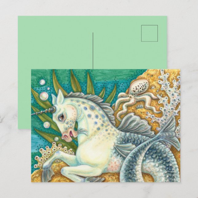 CARTE POSTALE MERHORSE & OCTOPUS BLANC, CHEVAL UNICORN IMAGINAIR (Devant / Derrière)