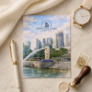 Carte Postale Merlion Park Singapour Monument aquarelle