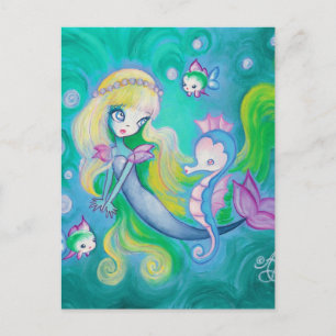 Carte Postale Mermaid With Sea Horse And Fish