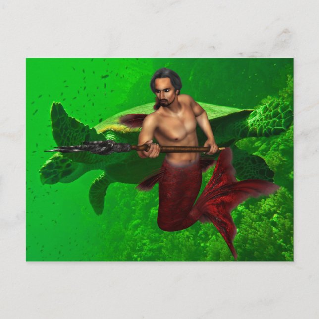 Carte postale Merman avec tortue de mer (Devant)