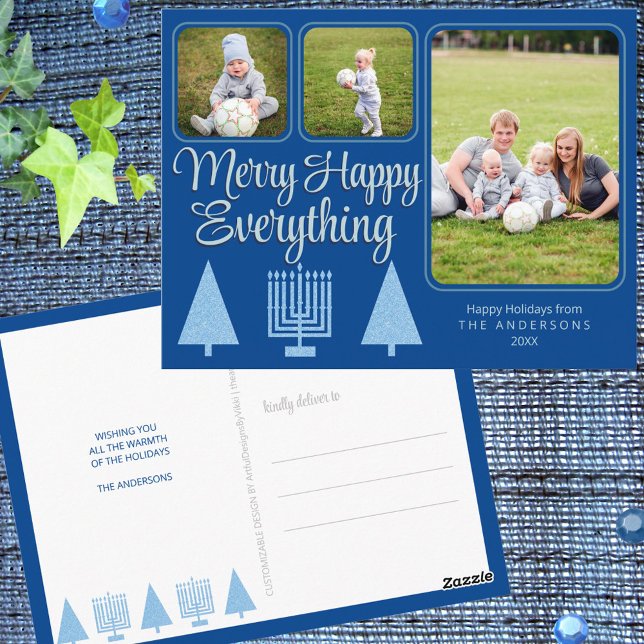 Carte Postale Merry Blue Famille Interconfessionnelle Enfants 3  (Celebrate Christmas and Hanukkah together with these blue Merry Happy Everything holiday postcards)