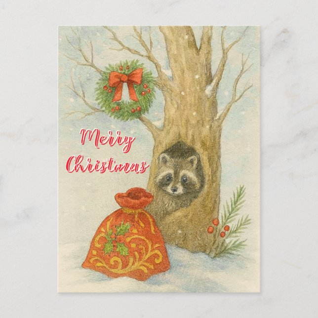 Carte Postale Merry Christmas Cuter Raccoon Wildlife  (Devant)