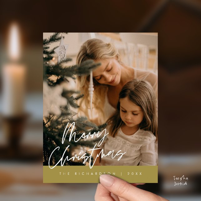 Carte Postale Merry Christmas Family Photo Elegant Typography (Merry Christmas Family Photo Elegant Cute Typography Postcard in Yellow Gold Theme)