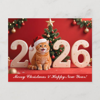 Carte Postale Merry Christmas & Happy New Year, Red Santa Cat