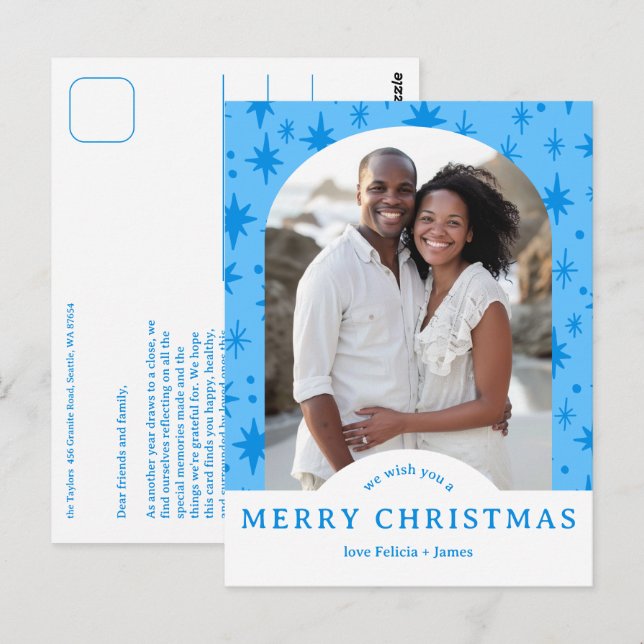 Carte Postale MERRY CHRISTMAS Stars Holiday CUSTOM Arch PHOTO (Devant / Derrière)
