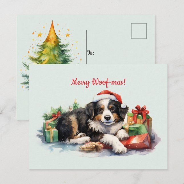 Carte Postale Merry Woof-mas Chien Santa Hat présente Noël (Devant / Derrière)