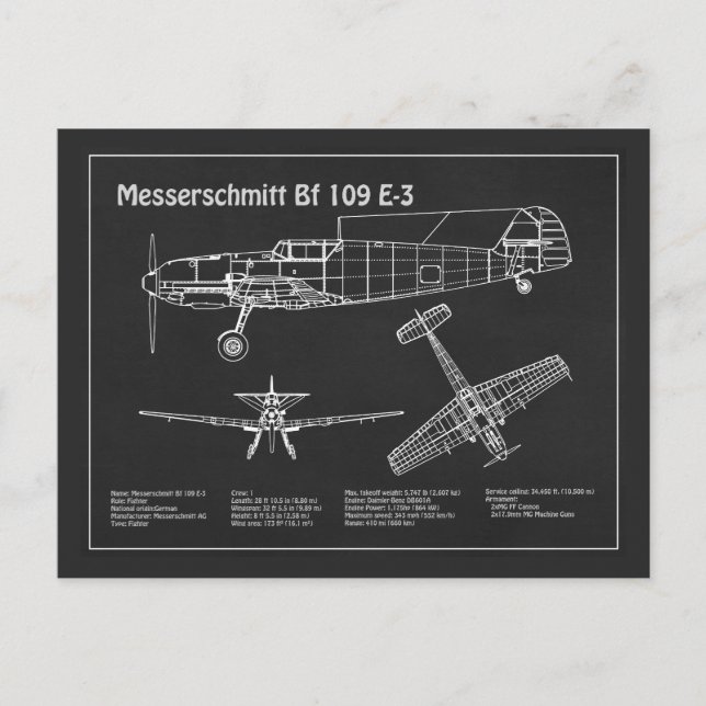 Carte Postale Messerschmitt Bf 109 - Plan d'avion PD (Devant)