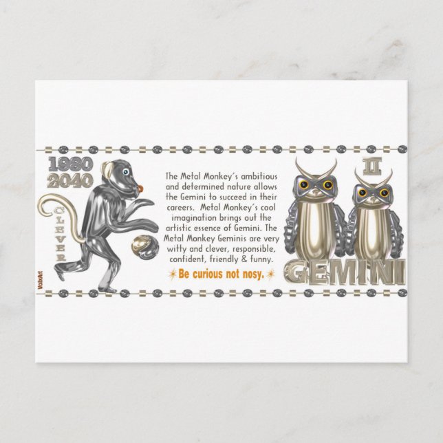 Carte Postale Metal Monkey zodiac né Gemini 1980 (Devant)