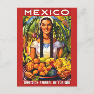 Carte Postale Mexique, femme souriante aux fruits tropicaux, vin