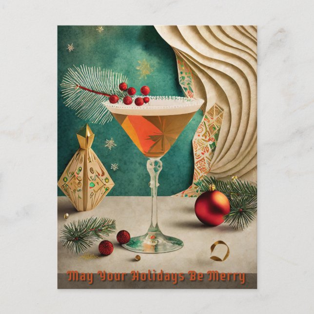 Carte Postale Mi-Siècle Cocktail de Noël Fête Happy Hour (Devant)