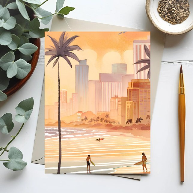 Carte Postale Miami Sunrise | Aquarelle jaune Peinture Skyline (Créateur téléchargé)
