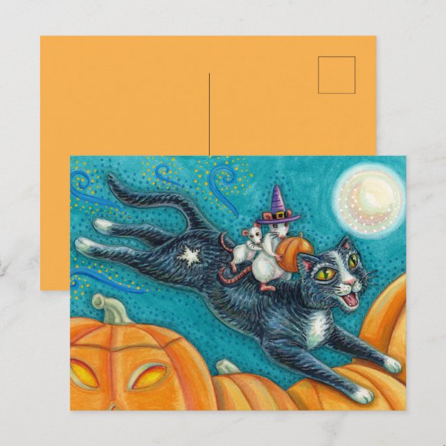 CARTE POSTALE MICE BLANCHE & CHAT NOIR SUR CHASSE HALLOWEEN SCAV (Devant / Derrière)