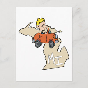 Carte Postale Michigan MI Map & Car Cartoon Art Motto