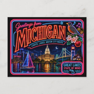 Carte Postale Michigan Neon État Rétro Vintage