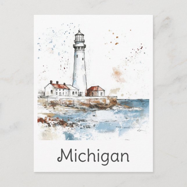 Carte Postale Michigan Phare des Grands Lacs Aquarelle Voyage (Devant)