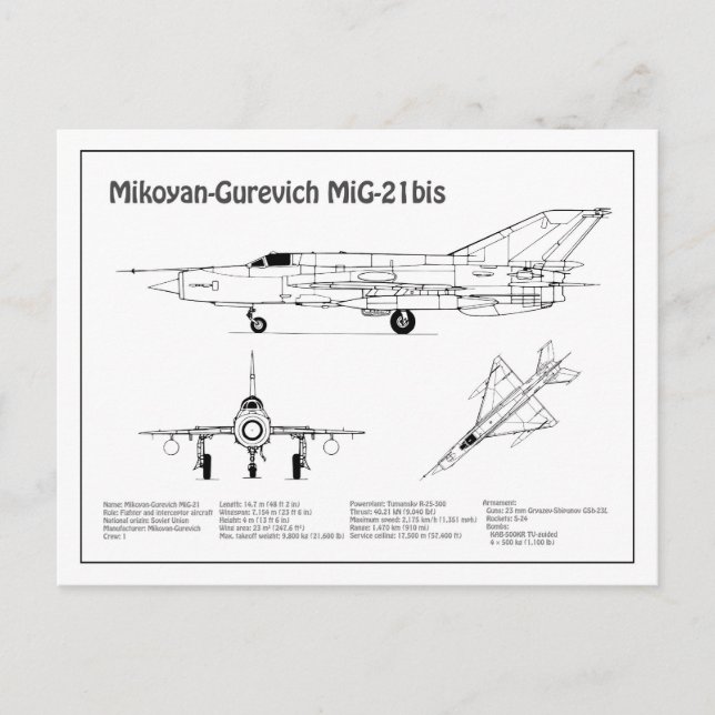 Carte Postale MiG-21 bis - Plan directeur de l'avion BD (Devant)