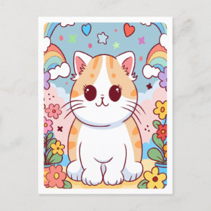 Carte Postale Mignon Chat de Dessin Animé, Fleurs, Arcs-en-ciel