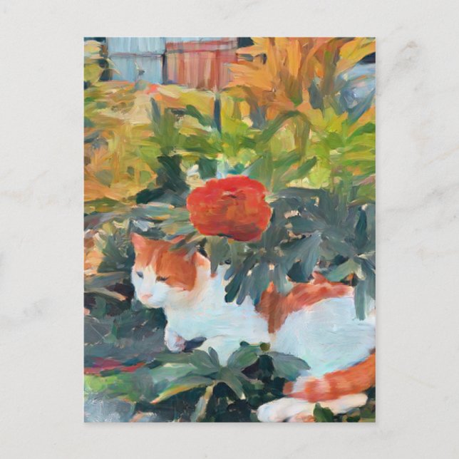 Carte Postale mignon chat sous un buisson fleuri (Devant)