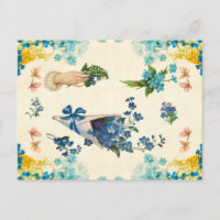Mignon découpage floral bleu et jaune vintage 