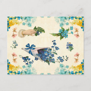 Carte Postale Mignon découpage floral bleu et jaune vintage 