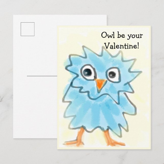 Carte Postale Mignon hibou à l'aquarelle bleue pour la Saint-Val (Devant / Derrière)