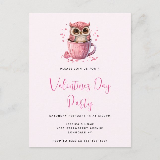 Carte Postale Mignon Hibou Rose dans une Coupe pour une Fête de  (Devant)